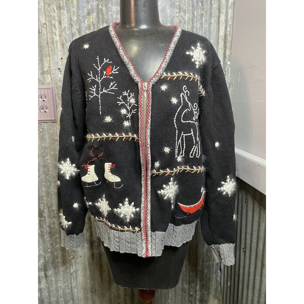 Womens Large Christmas Sweater Zip Reindeer Ice Skating Sled Cardinal Snowflake